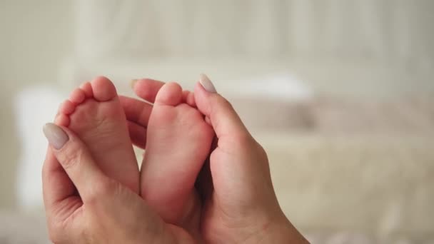 Ευτυχισμένη οικογένεια. Μικρό νεογέννητο αρσενικό ή θηλυκό πόδι μωρού σε χέρια μητέρας. Μητέρα που κρατάει νεογέννητο παιδί. Η μαμά και το μωρό της. Η μητρότητα τρυφερότητα η πατρότητα νέα έννοια της ζωής. Χειριστείτε με προσοχή - Πλάνα, βίντεο