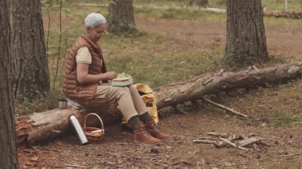 Mujer asiática madura sentada en el tronco en el bosque comiendo sándwiches caseros de caja de almuerzo de plástico - Metraje, vídeo