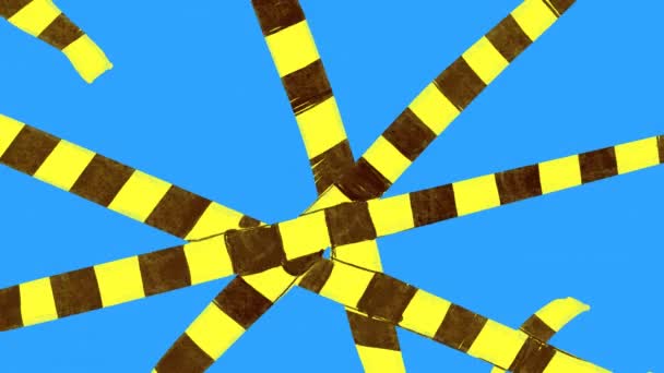 Uma fita amarela quadriculada denotando uma área com fio em uma tela azul. Animação de uma área perigosa em 4K com um canal alfa. Stock vídeo cena do crime. - Filmagem, Vídeo