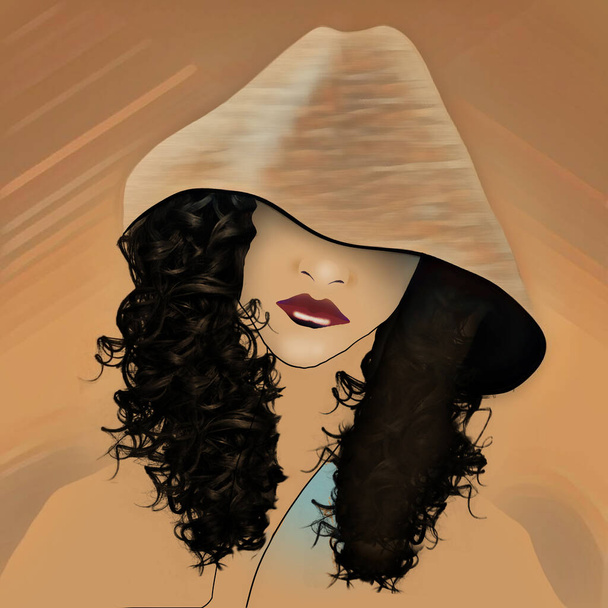 A beautiful young hispanic Latino woman is seen in a big hat  that comes down over her eyes in a 3-d illustration - Photo, Image