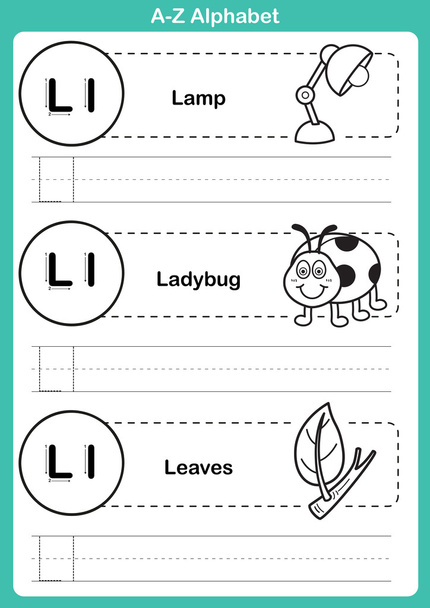 Alfabeto a-z ejercicio con vocabulario de dibujos animados para colorear libro
  - Vector, Imagen