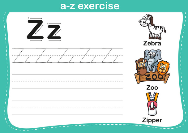 Alfabeto a-z ejercicio con ilustración de vocabulario de dibujos animados
 - Vector, imagen