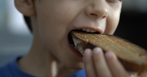 Küçük çocuk tost ekmeği yiyor, çocuk ağzı süper yavaş çekimde hız rampasında bir ısırık alıyor. - Video, Çekim