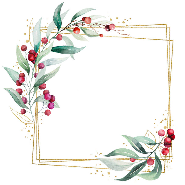 緑の葉と赤い果実が付いている多彩な水彩色のツイッグが付いているクリスマスの正方形のフレーム,隔離されたイラスト. 冬の休日の静止した,挨拶,壁紙,ポスターのための手描きの要素 - 写真・画像