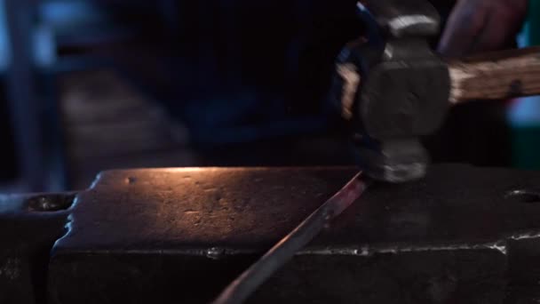 вид сбоку анонимного молодого человека, работающего возле наковальни с молотком в руке - Кадры, видео