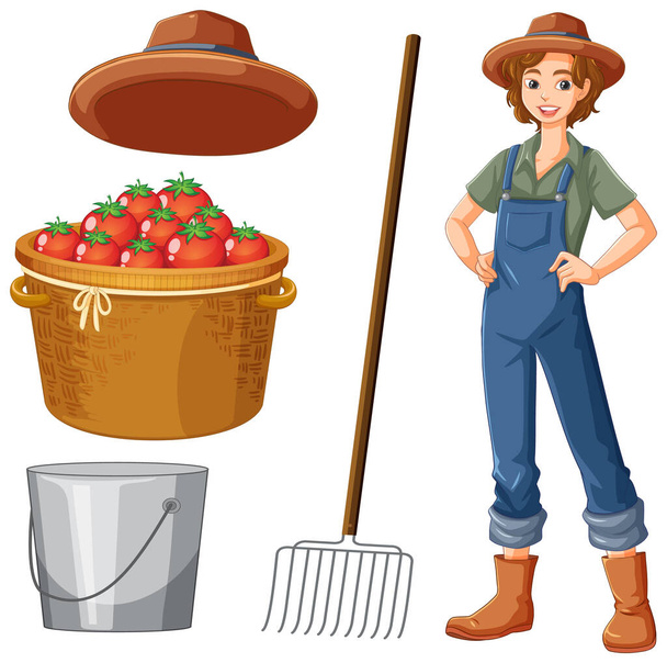 Женщина-садовница с иллюстрацией к коллекции инструментов для садоводства - Вектор,изображение