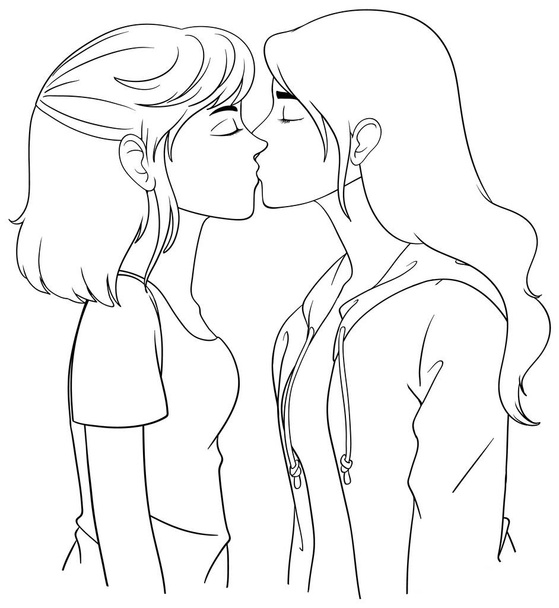 Leszbikus pár rajzfilm csók vázlat firka illusztráció - Vektor, kép