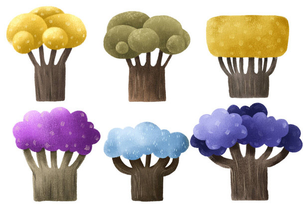 Renkli ağaçlar birleşir. İzole arazi elementi. El boyaması tasarım - Fotoğraf, Görsel