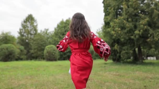 Uma menina ucraniana em um belo vestido bordado vermelho está andando em um parque verde. Crianças ucranianas. - Filmagem, Vídeo