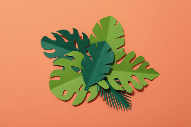 Χαρτί πράσινα τροπικά φύλλα σε φόντο ροδάκινο. - Φωτογραφία, εικόνα