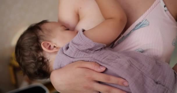 un niño pequeño duerme tranquilamente en el pecho de la madre. mamá sacude al bebé en sus brazos. - Imágenes, Vídeo