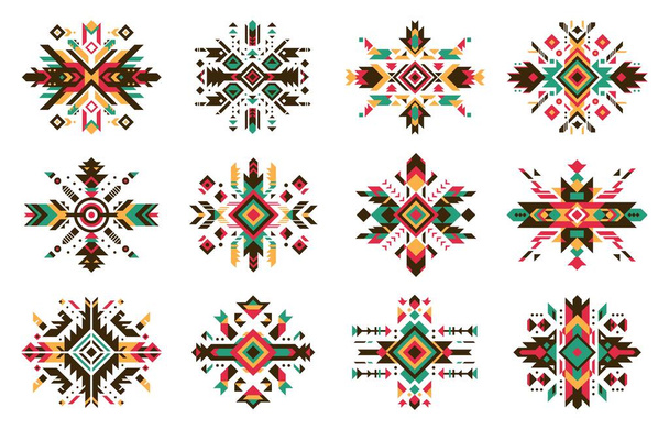 Tribal mexican aztec or navajo ethnic pattern. Isolated vector set of traditional embroidery samples, motives, and ornaments, reflecting the rich cultural heritage and indigenous artistry of Mexico - Vector, Image