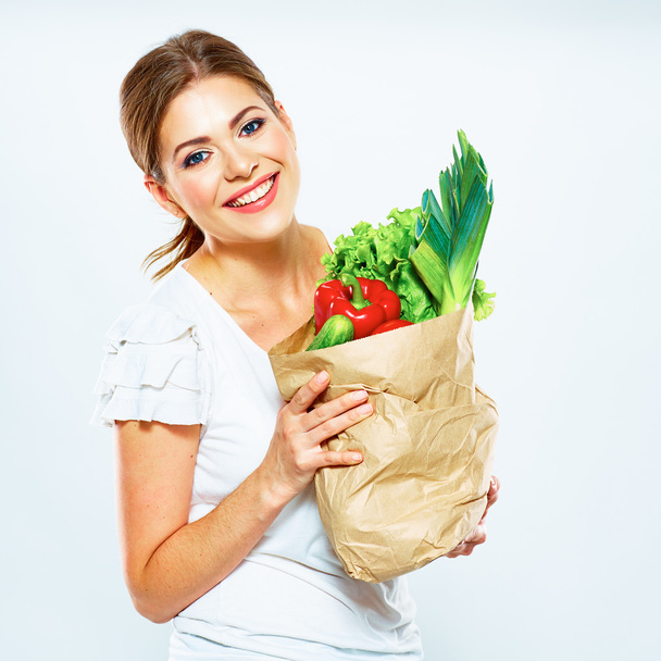 Woman with vegan food in bag - Zdjęcie, obraz