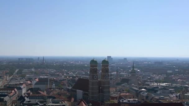 Munich Towers of Frauenkirche Church old Town, Germany Bavarian, summer clear sky day 23. tilt down drone 4k cinematic  - Footage, Video