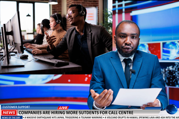 Customer support jobs development news presented by anchorman in newsroom. Man journalist addressing students working as call center operators, live television latest headlines. - Photo, Image