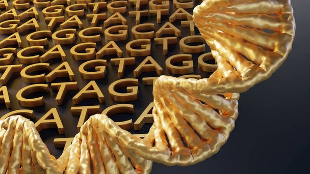 Pozadí zlatých ATGC písmen. Adenin, tymin, cytosin a guanin jsou čtyři nukleotidy nalezené v DNA 3d podání - Fotografie, Obrázek