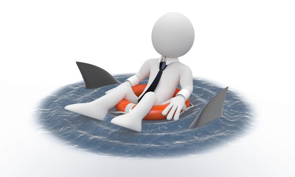 Бизнесмен, плавающий в спасателе с акулами вокруг
 - Фото, изображение