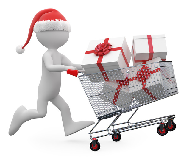 Man with Santa hat pushing a shopping cart full of gifts - 写真・画像