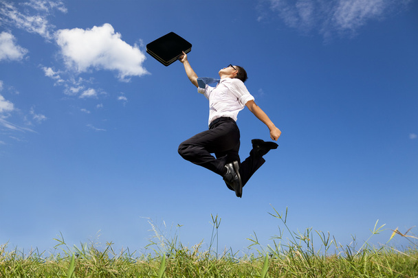 Happy and successful businessman jumping on the field - Photo, Image