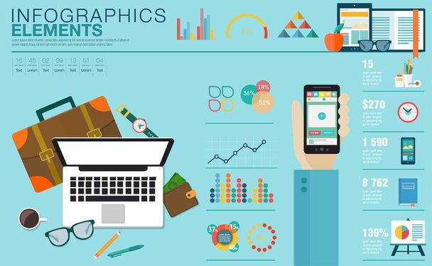 Flat modern design vector illustration concept of creative office workspace, workplace. Icon collection in stylish colors of business work flow items, elements. Infographics elements with World map - Vecteur, image