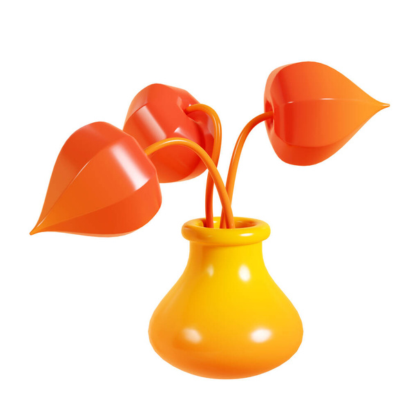 Dekorativer Physalis-Strauß in der Vase 3D-Renderillustration. Cartoon-Symbol für Herbst und Winter leuchtend orange natürliche Dekoration trockener Blumenstrauß in gelbem Glas. Uvilla und Alkekengi-Laternen - Foto, Bild