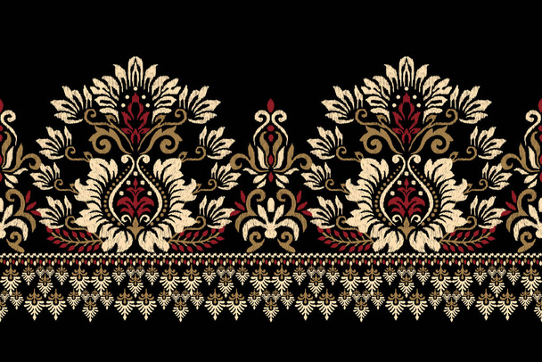 黒の背景にイカットの花ペイズリー刺繍。イカットの民族的な東洋のパターンの伝統。アステカスタイル抽象的なベクトルのイラスト。テクスチャ、ファブリック、衣類、ラッピング、装飾、サロン、スカーフのためのデザイン - ベクター画像