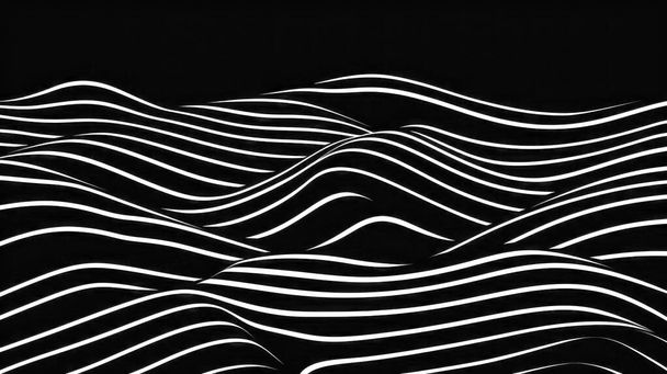 Abstract Background. White curved lines on dark background. A minimalist design characterized by sinuous white lines over a black background. - Photo, Image