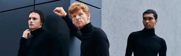 three good looking stylish men in black turtlenecks with wall on backdrop, fashion concept, banner - 写真・画像