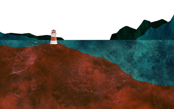 Faro e montagne rocciose. illustrazione ad acquerello di un dipinto ad acquerello. - Foto, immagini