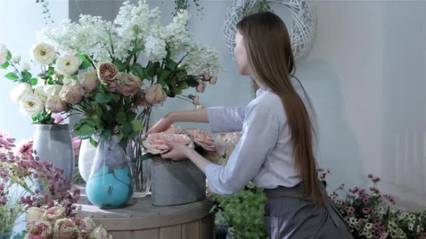 Genç kadın çiçekçi hareketli farklı Çiçek çiçekçi dükkanı pencerenin yakınındaki. Sırayla çiçek dizi onun çiçek dükkanında koyarak çekici beyaz kadın. Uzun kahverengi güzel kızla - Video, Çekim