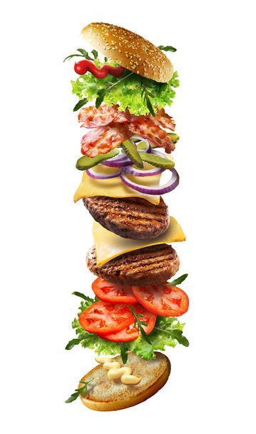 Doppelter Hamburger vertikal auf weißem Hintergrund zerlegt - Foto, Bild
