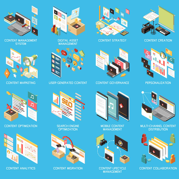 Content management isometric concept icon set with digital asset management content strategy creation marketing governance personalization and other descriptions vector illustration - Vector, Image