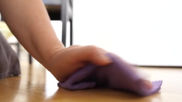 Ręka kobiety wyciera szczątki na parkiecie pochłaniającą wilgoć szmatą. Praca domowa, rutyna - Materiał filmowy, wideo
