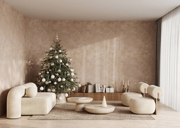 Salón boho beige con árbol de Navidad decorado y fondo de regalo. Vista moderna de la ventana de la naturaleza. 3d renderizado maqueta de pared de estuco. ilustración 3d de alta calidad. - Foto, Imagen
