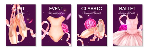 Реалистичный вертикальный набор плакатов с классической балетной обувью и розовыми лентами изолированная векторная иллюстрация - Вектор,изображение