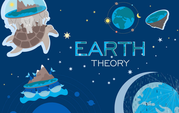 Teoria della Terra rappresentazioni del mondo antico collage piatto su sfondo blu con stelle vettoriale illustrazione - Vettoriali, immagini