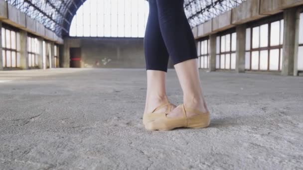 Crop faceless ballet dancer in black leotard and pointe shoes stretching legs with pose on concrete floor - Footage, Video