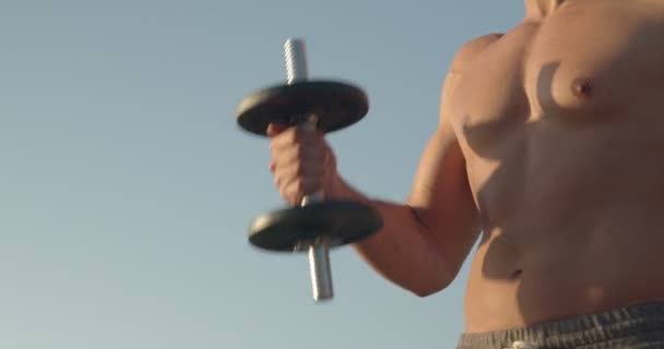 İsimsiz erkek sporcu çıplak gövdesiyle dambıllarla egzersiz yaparken yazın mavi gökyüzüne karşı duruyor. - Video, Çekim