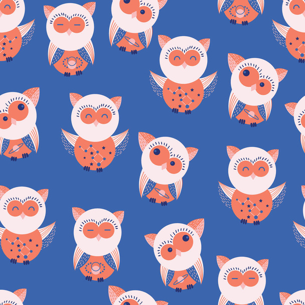 Cute Fun Bird Owls Vector Seamless Pattern - Vector, Image