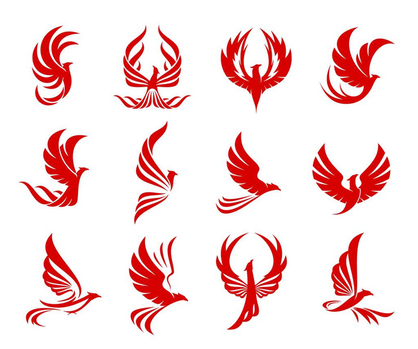 Κόκκινη εικόνα πουλιού φοίνικα με φτερά φωτιάς και φλεγόμενα φτερά. Διάνυσμα fenix firebird, κόκκινο αετό φωτιά, γεράκι ή φέρουν γεράκι με υψωμένα φτερά. Σκιαγραφίες πουλιών Fantasy phoenix που για τατουάζ ή heraldry - Διάνυσμα, εικόνα