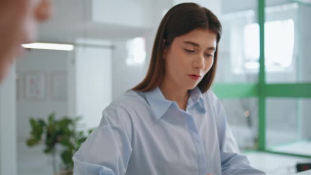 Business partner sign contract deal closeup. Young girl client checking document talking with lawyer bank worker. Attractive businesswoman meet investment manager in office. Company employment concept - Footage, Video