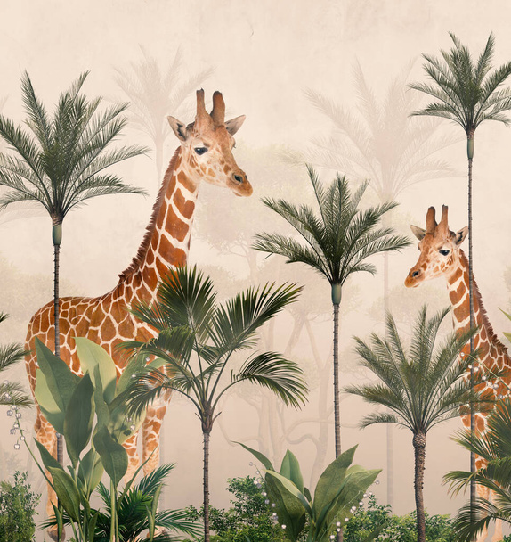 Tropisch behang, Tropische bomen en bladeren, behang ontwerp voor digitale printing- 3d illustratie - Foto, afbeelding