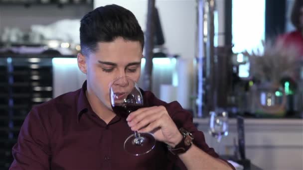Vonzó kaukázusi Férfi ivott vörös bort az étteremben. Jóképű srác pirítás a kamerát. Barna ember, hogy egy korty vörösbor - Felvétel, videó