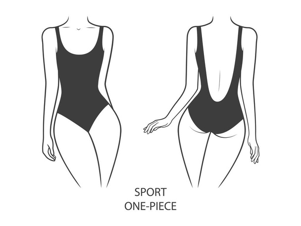 Купальники на жіночому тілі. Спортивний купальник з одноразовим видом спереду та ззаду. Векторні ілюстрації ізольовані на білому тлі - Вектор, зображення
