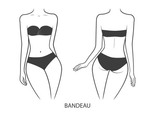 Ropa de baño en el cuerpo de una mujer. Bañador Bandeau: vista frontal y trasera. Ilustración vectorial aislada sobre fondo blanco - Vector, imagen
