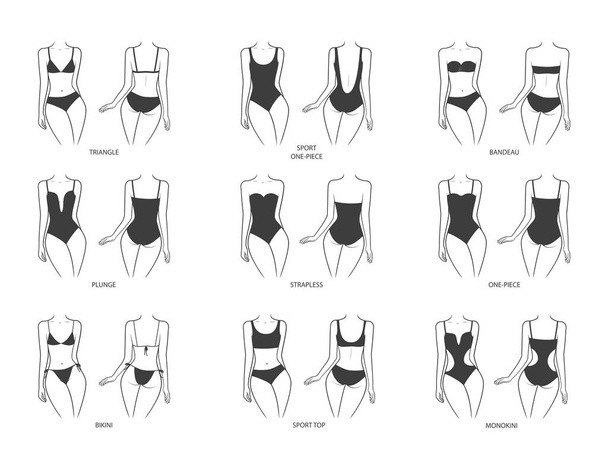 Colección de trajes de baño en el cuerpo de una mujer. Trajes de baño vista frontal y trasera. Ilustración vectorial aislada sobre fondo blanco - Vector, Imagen