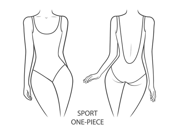 Zwemkleding op het lichaam van een vrouw. Sport eendelig zwempak - voor- en achteraanzicht. Vector illustratie geïsoleerd op witte achtergrond - Vector, afbeelding