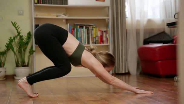 Voller Körper der sportlichen Hündin, die beim Yoga-Training im Wohnzimmer nach unten gerichtete Hunde und Cobra-Asanas übt - Filmmaterial, Video