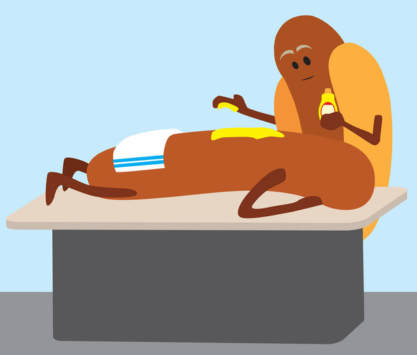 A cartoon hot dog is receiving a mustard treatment at the spa - Vector, Image