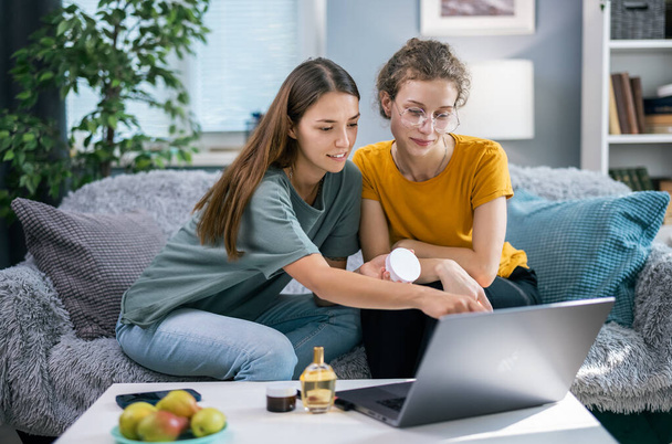 Two youthful friends seat on cozy couch with cushions, use laptop during their leisure time for shopping and reviewing new products - Photo, image